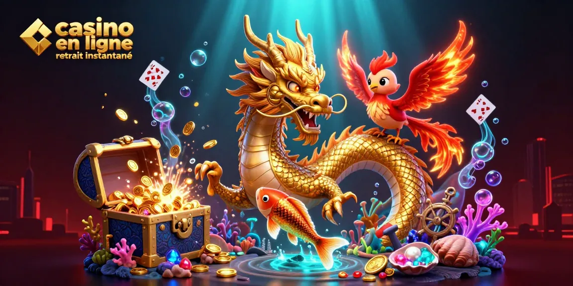 Découvrez l'excitation du casino en ligne retrait instantané avec un dragon et un phénix au milieu de pièces d'or.