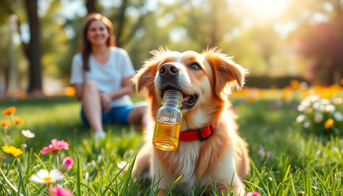Dog joyfully holding CBD For Pet oil jar in a bright, sunny park.