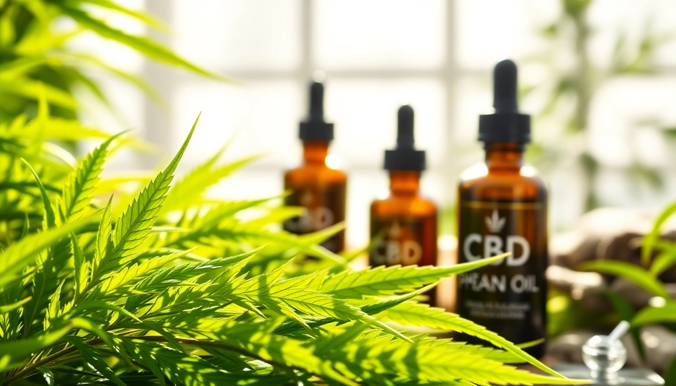 Highlighting CBD oil in a tranquil herbal setting with green hemp leaves and elegant containers.