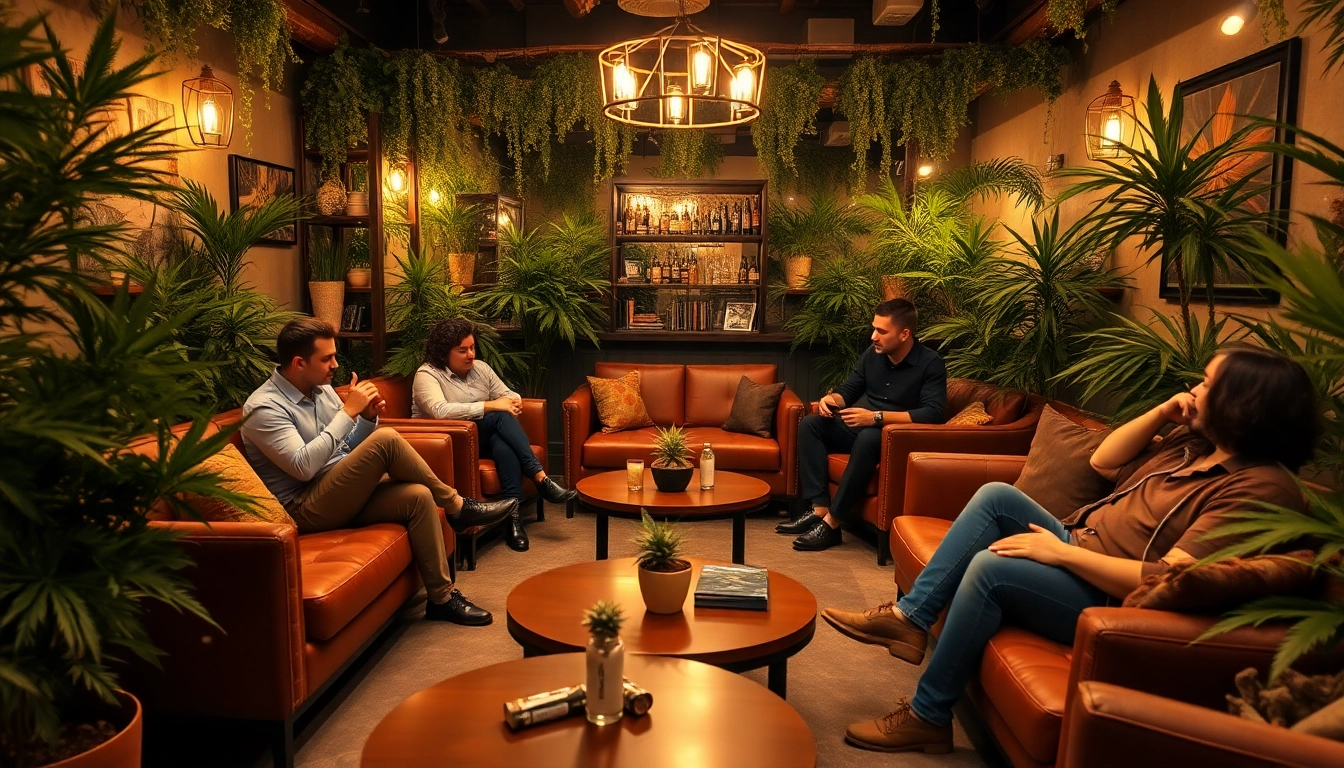 Members enjoying their time at a cannabis club, socializing and sharing experiences in a welcoming atmosphere.