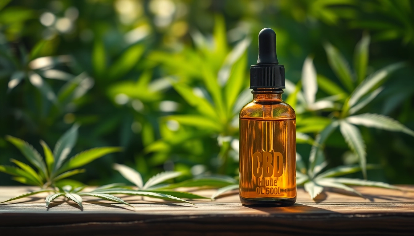 Appliquer huile cbd hollyweed entourée de feuilles de cannabis sur une surface en bois.