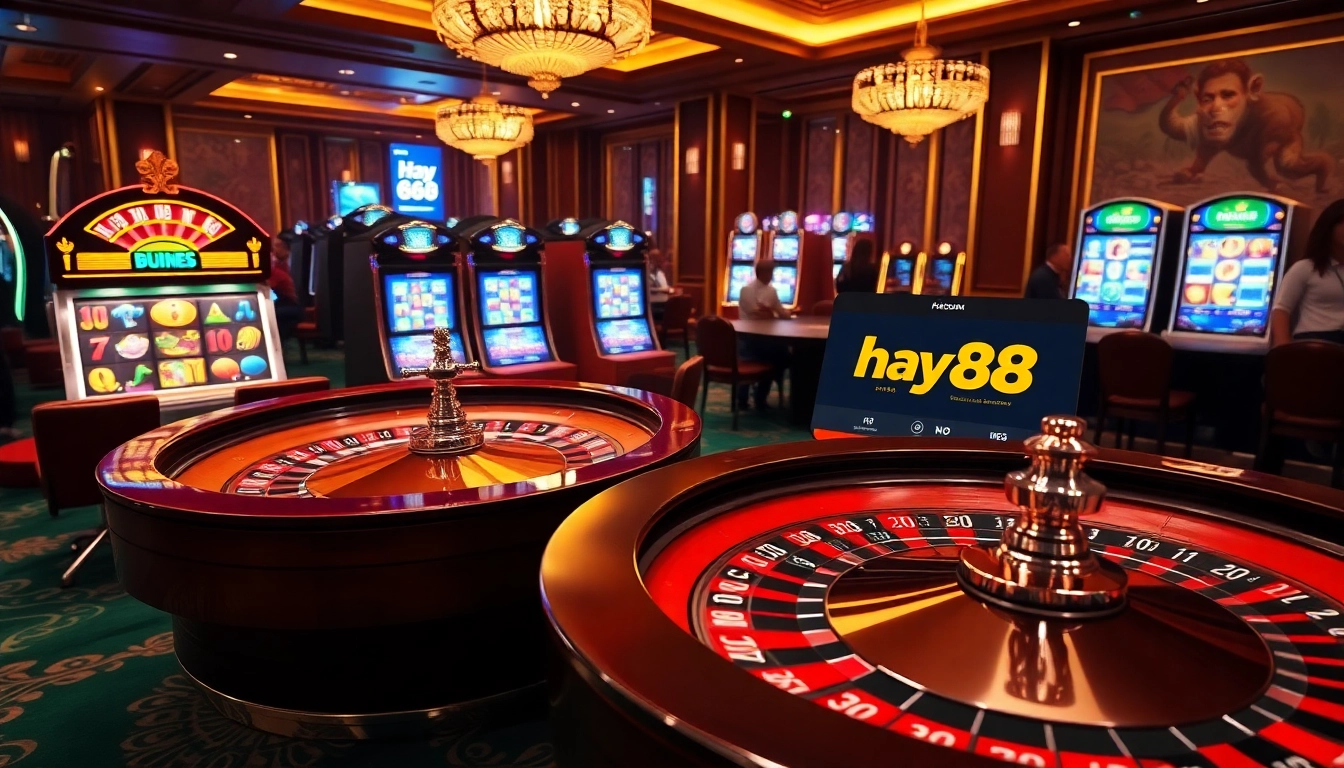 Experience the luxury of Hay88 at a vibrant casino with roulette and slot machines.