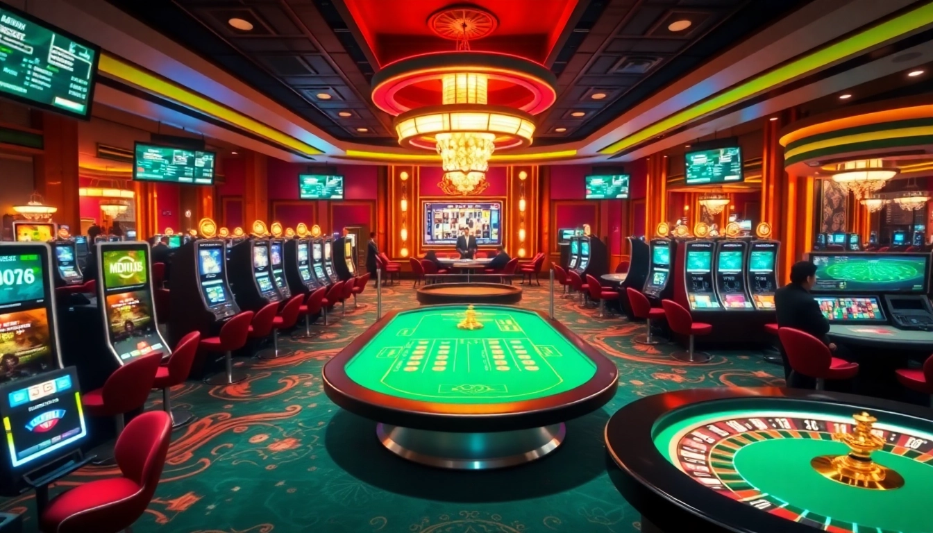 Experience an exciting gaming atmosphere at mg188 with luxurious tables and vibrant slot machines.