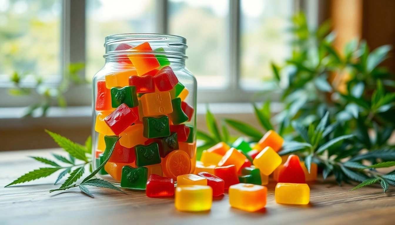 Delicious Weed Gummies in a jar displayed amid fresh greenery, perfect for a healthy lifestyle.