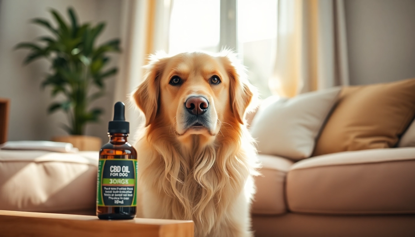 Comfortable setting showcasing CBD Oil For Dog next to a calm dog, promoting wellness choices.