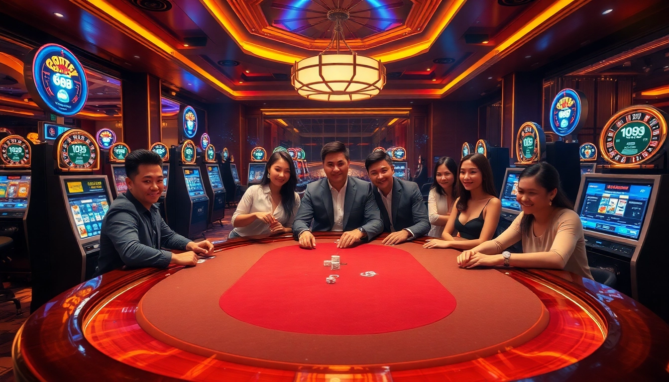 Gopay88 Daftar gamers enjoying a luxurious casino with poker tables and colorful slot machines.