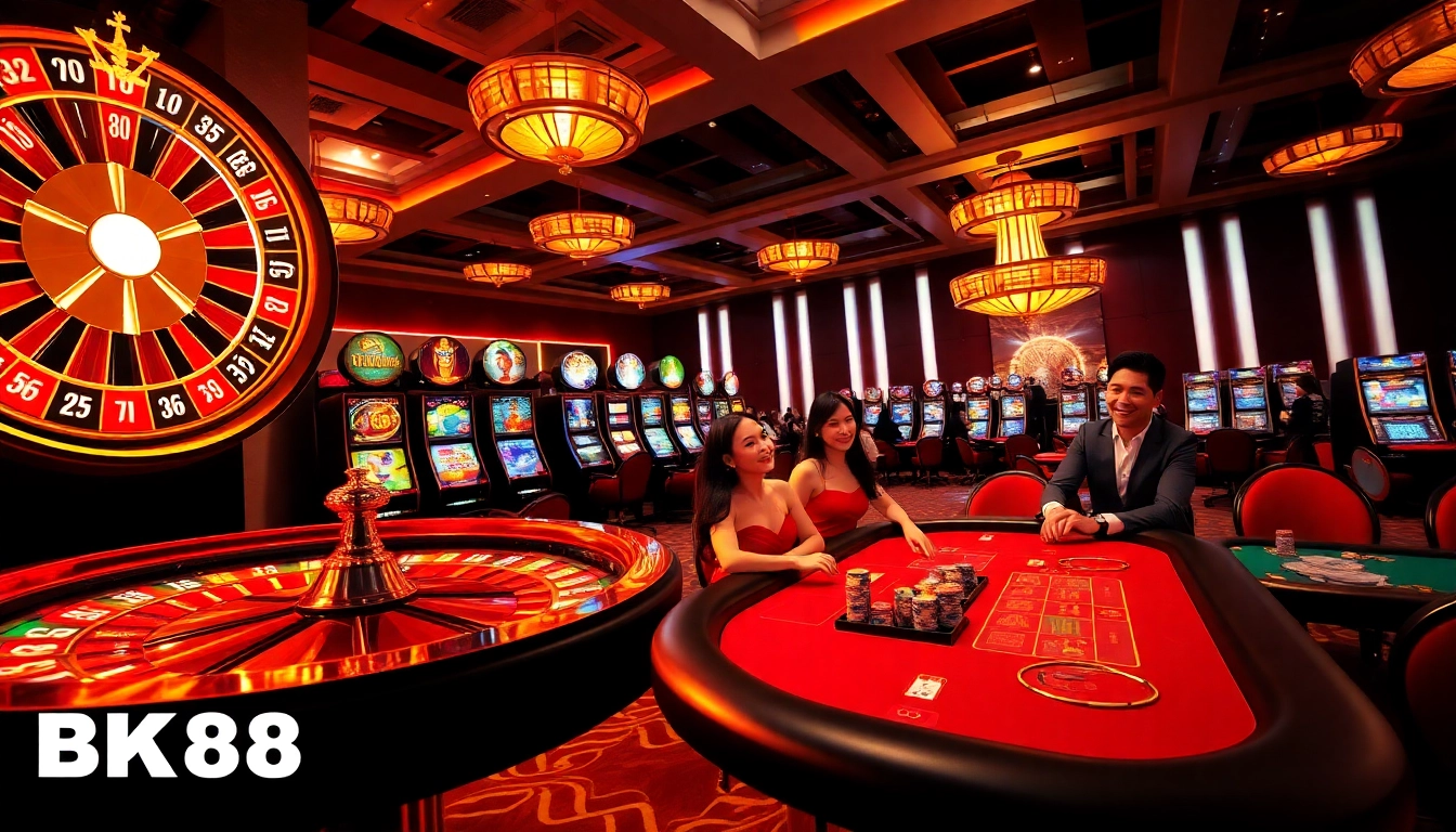 Players enjoying a thrilling game at BK8Thai casino, featuring slot machines and a roulette wheel.