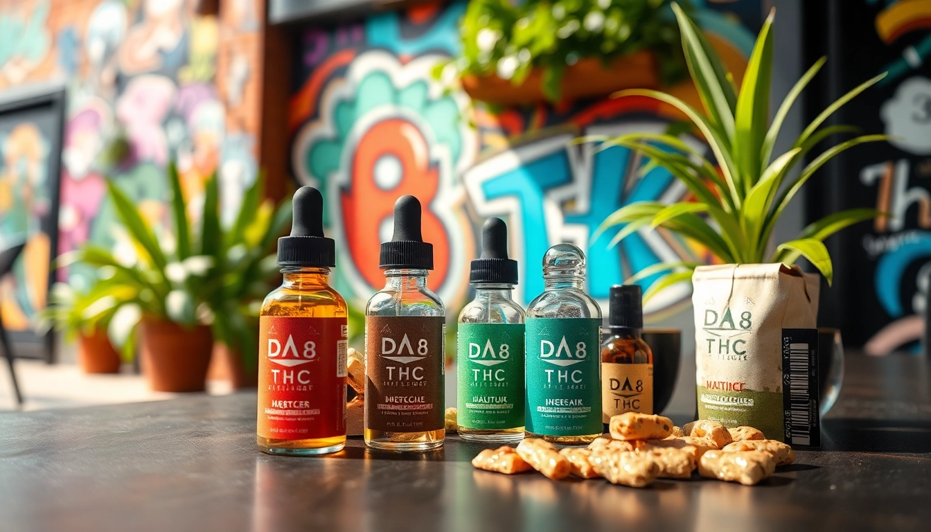 Showcase of Delta 8 THC Austin products in a vibrant urban setting.