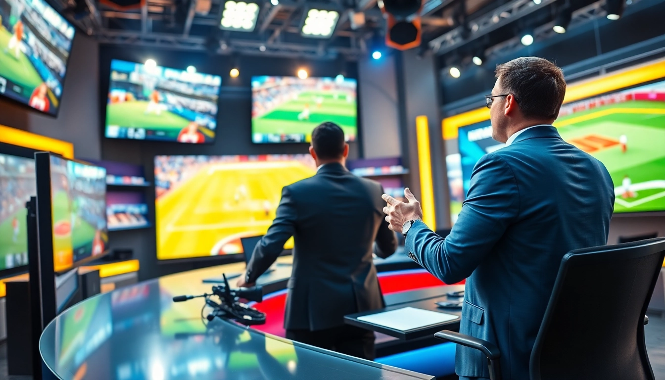 Broadcasting a live sports event with a professional commentator in a dynamic studio setting.