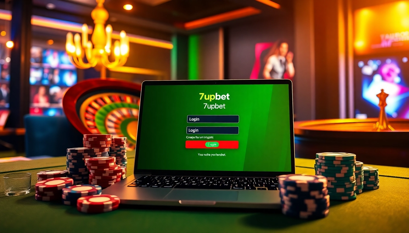 Engage with the 7upbet login interface surrounded by vibrant casino elements to enhance your gaming experience.