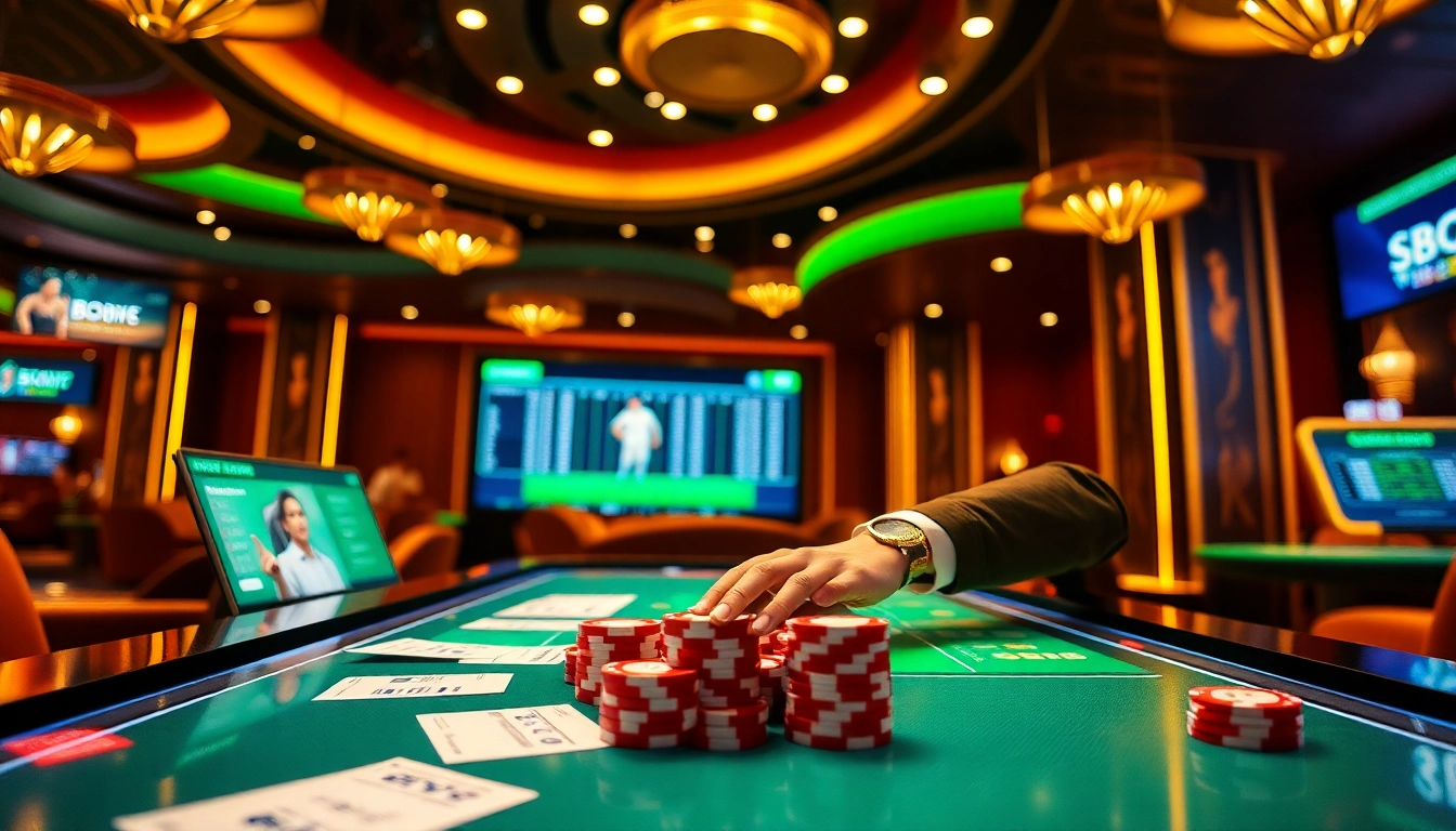 SBOBET login interface displayed with vibrant gambling elements like poker chips and betting slips.