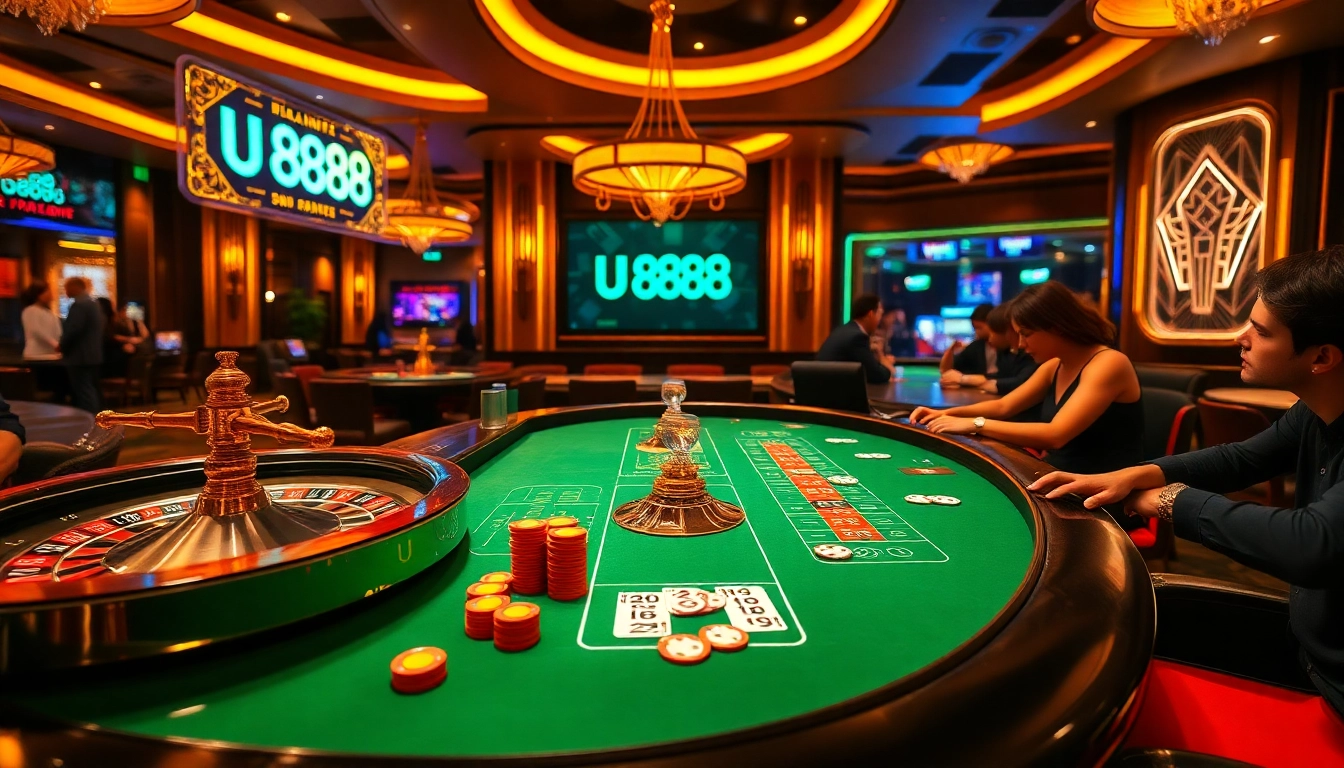 Experience the thrill at U 888 with vibrant casino games, poker chips, and engaging players.