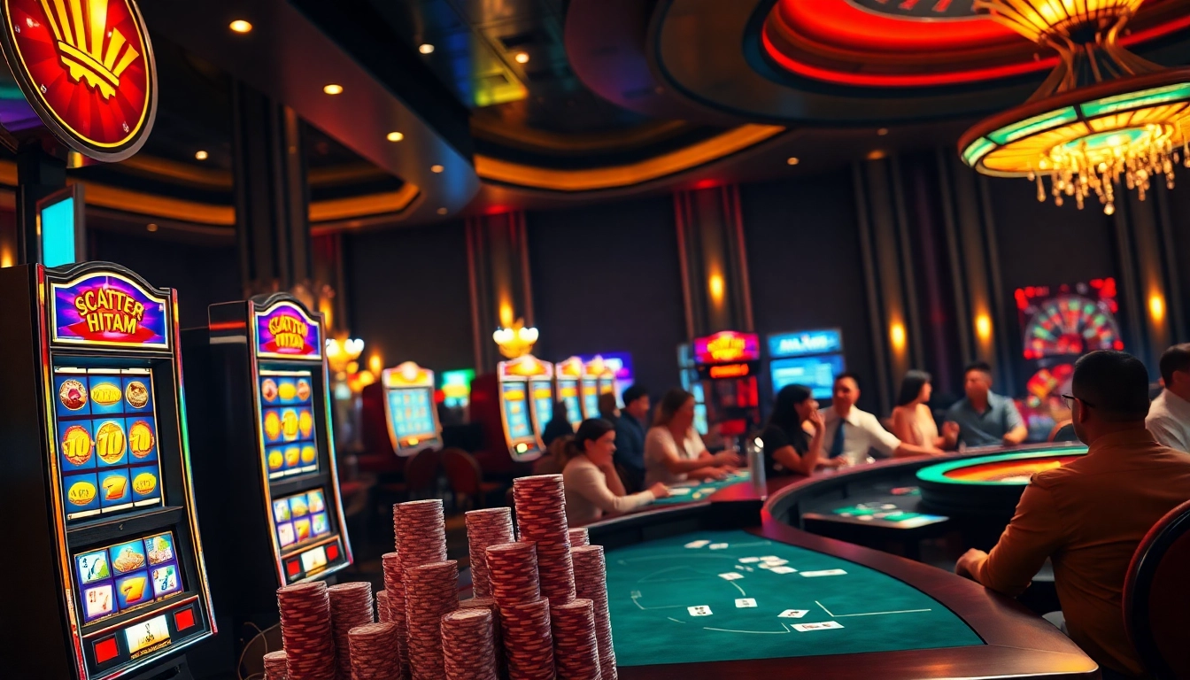 Exciting casino scene showcasing scatter hitam symbol on slot machines and players enjoying card games.