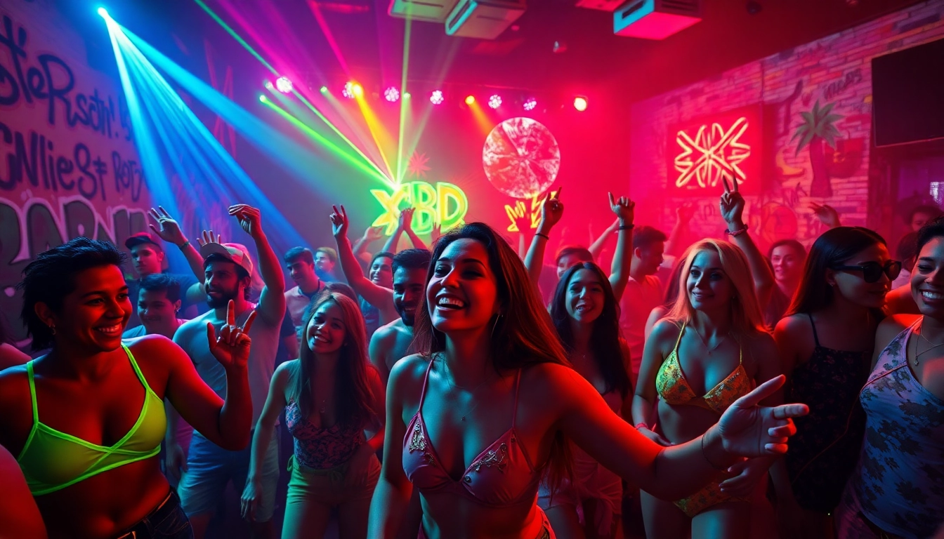 Energetic dancers at a Miami rave illuminated by colorful lights and showcasing vitality.
