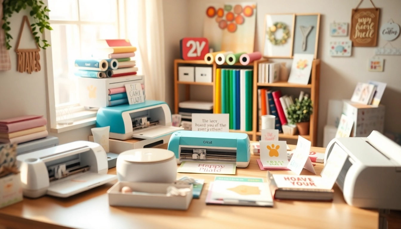 Cricut for beginners crafting workspace with machines and colorful materials.
