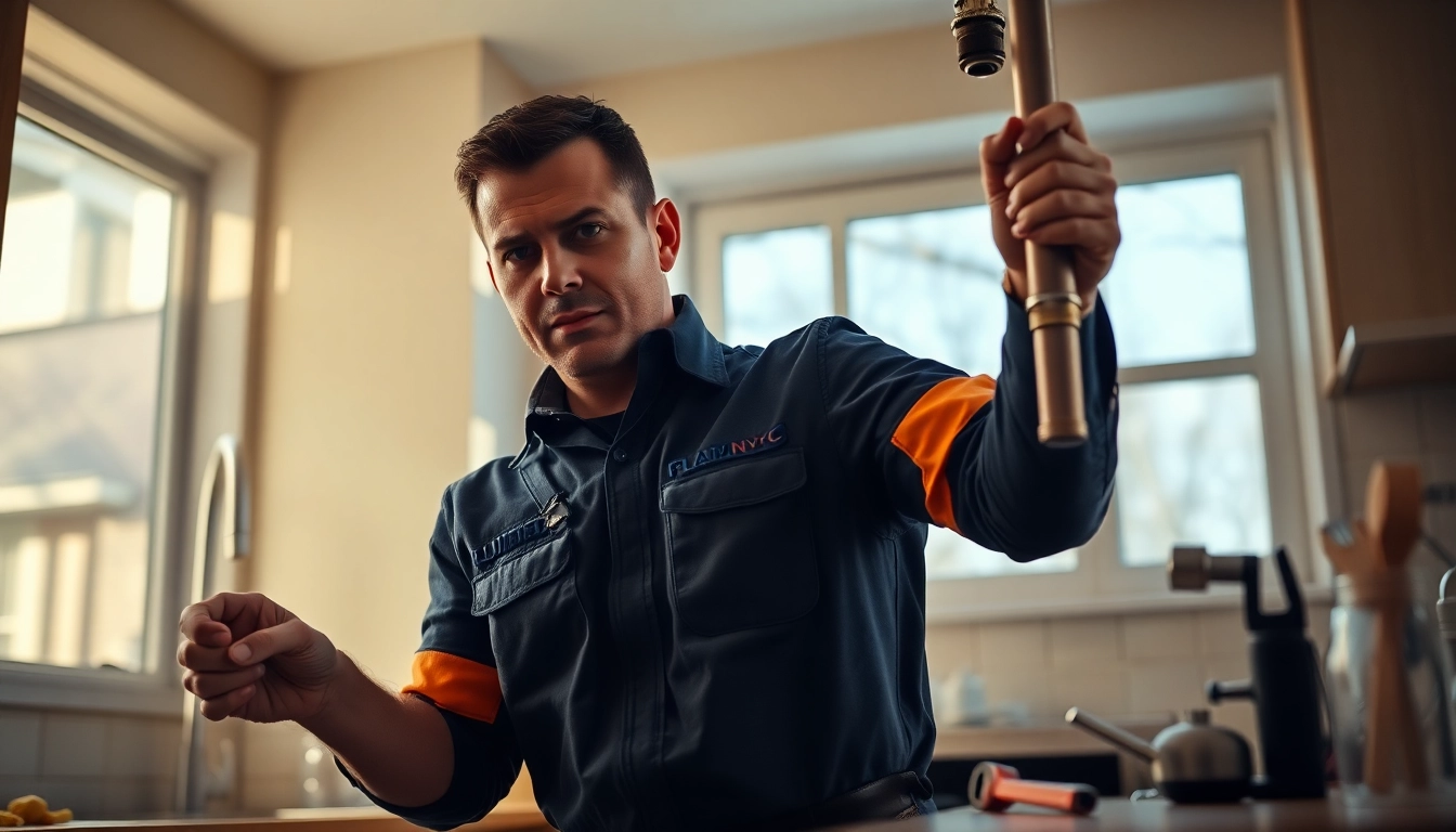 NYC emergency plumber & sewer fixing a burst pipe in a kitchen, showcasing professionalism and expertise.