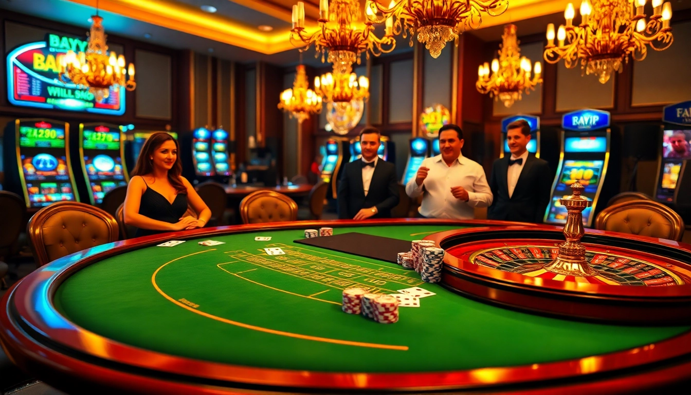 Players engaging at a Bayvip casino table, showcasing excitement and elegance in gambling.